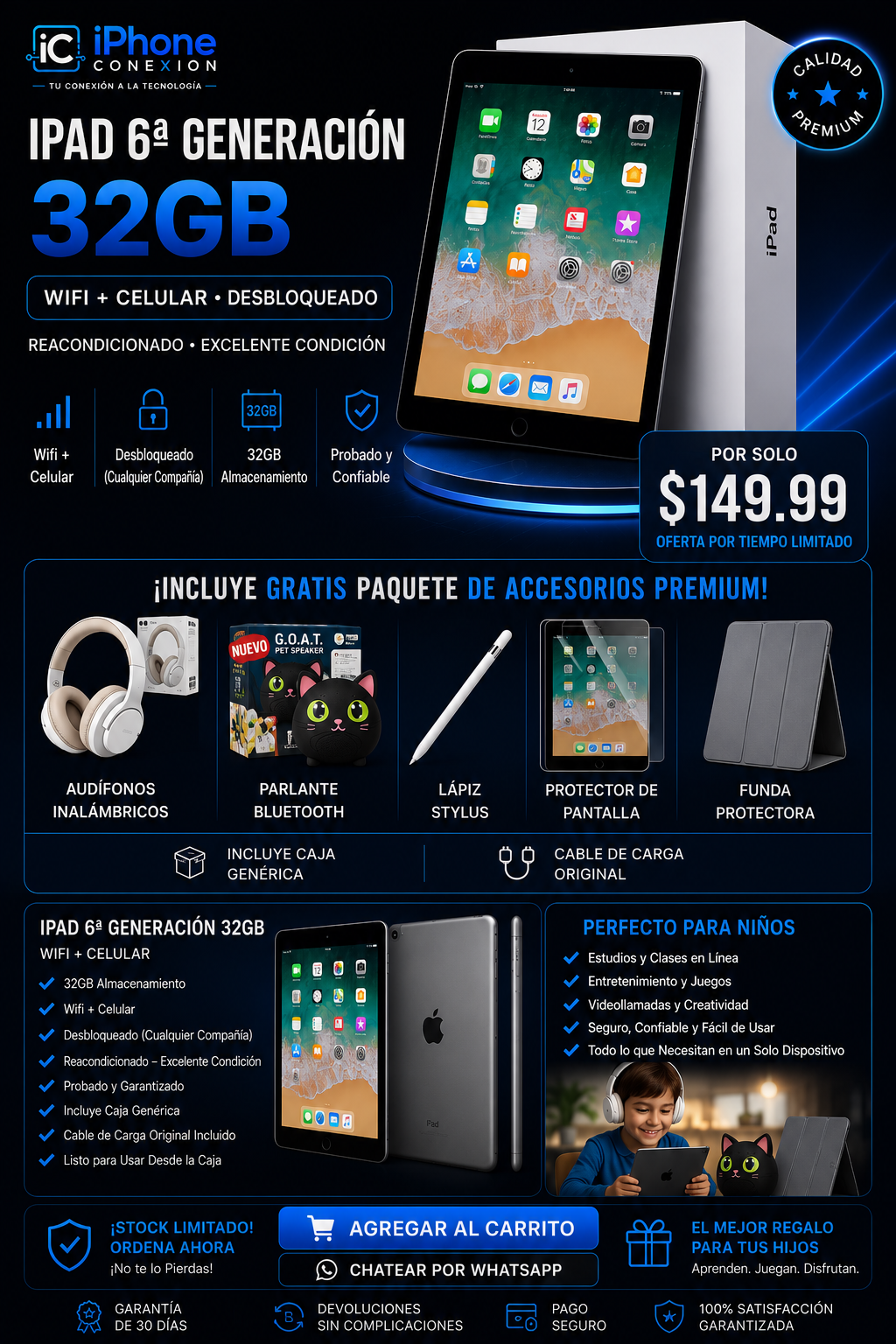 iPad 6ª Gen 32GB + Paquete Premium de Accesorios