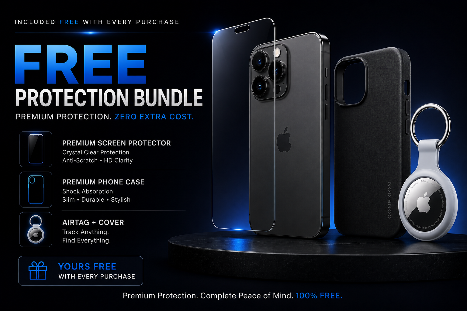 Paquete de Protección GRATIS — Protector de Pantalla, Funda y AirTag + Cobertura